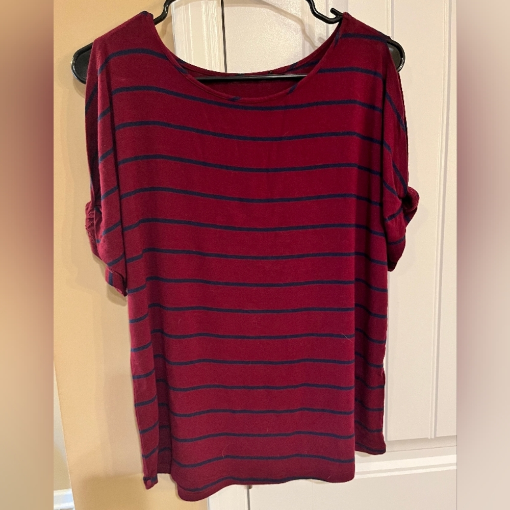 Maroon and navy striped top, open shoulder sz Small
